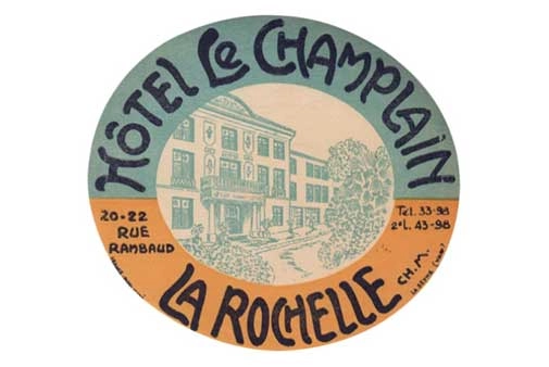 Étiquette vintage Hôtel Le Champlain La Rochelle rue Rambaud archives rétro années 1950 logo historique patrimoine